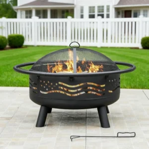 38-Inch Round American Flag Outdoor Fire Pit with Mesh Cover and Poker