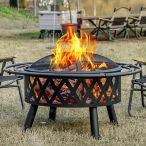 Wood Burning Outdoor Fire Pit with Spark Screen & Poker