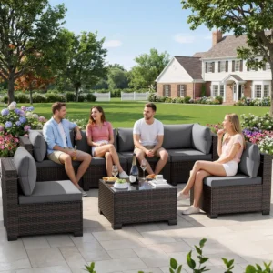 7 Piece Rattan Sectional Sofa Patio Set with Tea Table.