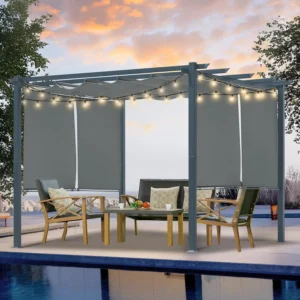 10x10Ft Aluminum Outdoor Pergola with Retractable Canopy & 2 Side Shades for Patio Garden Deck.
