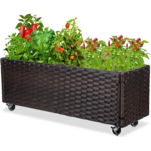 Raised Garden Bed - Rattan Planter Box with Wheels