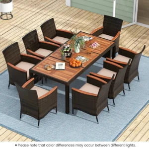 9PCS Patio Wicker Dining Set Acacia Cushioned Chairs
